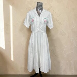 Vintage 90s White Embroidered Cotton Maxi Dress Large Button Front Cottagecore